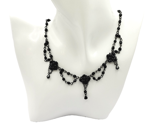Black Faceted Crystal Bead Victorian Swag Style Dressy Costume Necklace 17 Inch - Picture 9 of 23