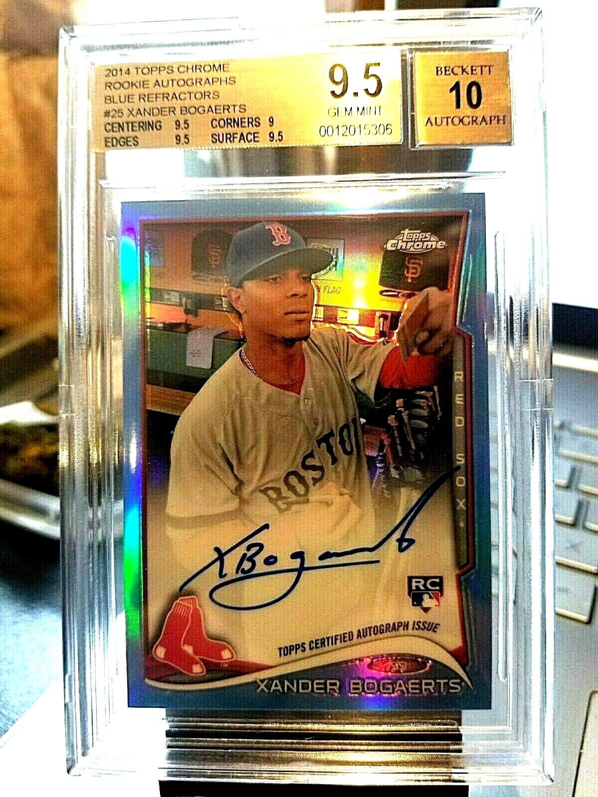 2014 XANDER BOGAERTS #103/199 TOPPS CHROME ROOKIE AUTO BLUE REF. BECKETT 9.5/10