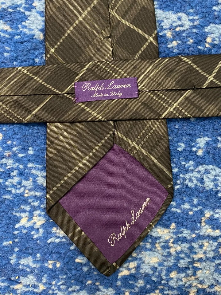 Corbata Ralph Lauren Etiqueta Púrpura Gris Plata Sesgado Cuadros Hecha a Mano Seda Italia Foto 4 de 4