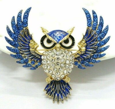 Wonderful WISE Wings OWL Rhinestone Betsey Johnson Necklace Pendnt BROOCH DeBlue