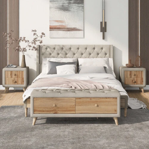 Full Queen Size Bedroom Sets Upholstered Platform Bed Frames Nightstands Bench - Image 2 of 4