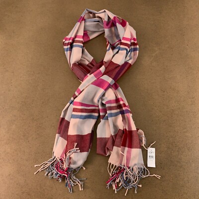 LOFT Women's 30 X 17'' Luminescent Pink Plaid Fringe Ends Scarf NWT
