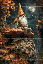 LUCKY GARDEN GNOME ART PRINT, Magical Elf Wall Decor, Fairy Forest Poster D071