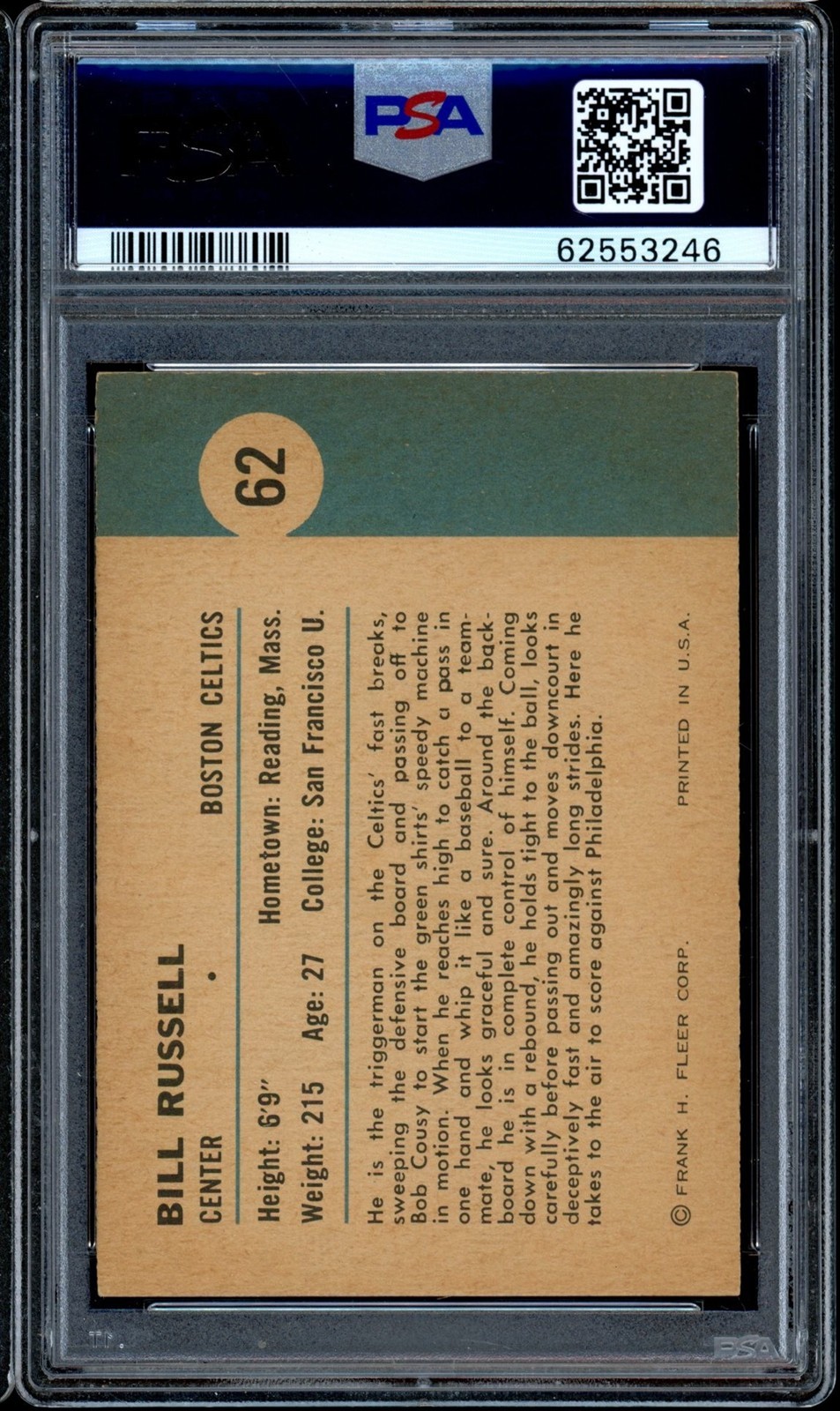 1961 Fleer Basketball #62 Bill Russell IA PSA 7 view 2