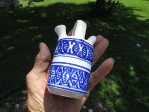 ANTIQUE Blue/White XXX PATTERN small CERAMIC SAKI Batter JUG signed Jc TOLEDO !!