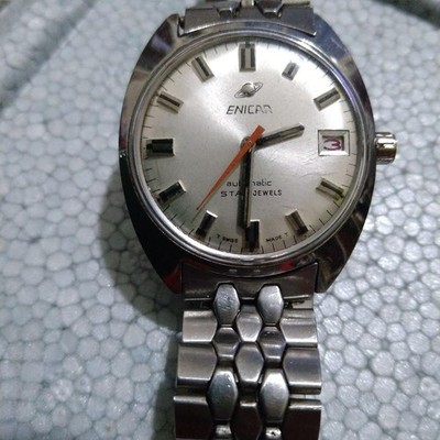 ENICAR Automatik Uhr Silber Zifferblatt Datum Taucherboden Edelstahlarmband H...