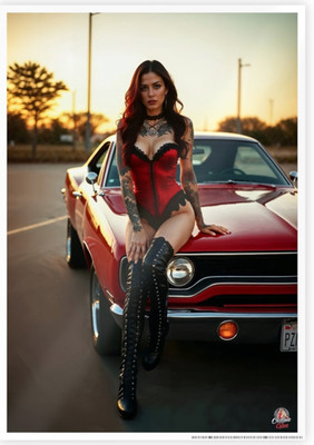 Poster PinUp Girl Red Plymouth Road Runner Muscle Car Wall Art Garage Decor