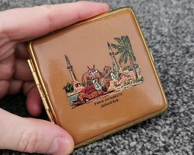 Vintage Bahrain Leather Powder Compact Camel Scene Map Souvenir, Vanity 1950s