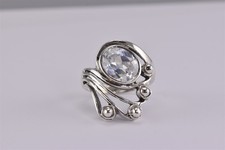 Sterling Silver Oval Cubic Zirconia Swirled Beaded Accent Band Ring 925 Sz: 7