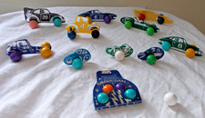Vintage GEOSPACE GEOZOOMS Magnetic Marble-Powered Racecars; 10 cars, 29 marbles