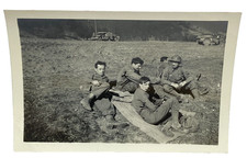 US Army Soldiers Photo WWII Resting in Field W/ Jeeps Trucks Military 1940s Orig