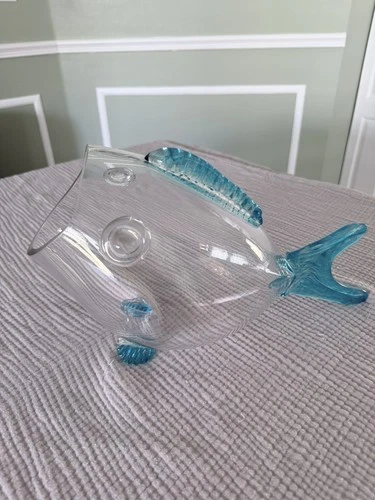 Blenko Style Art Glass Fish Vase Handblown Clear Blue Accent Bowl Terrarium 16x8