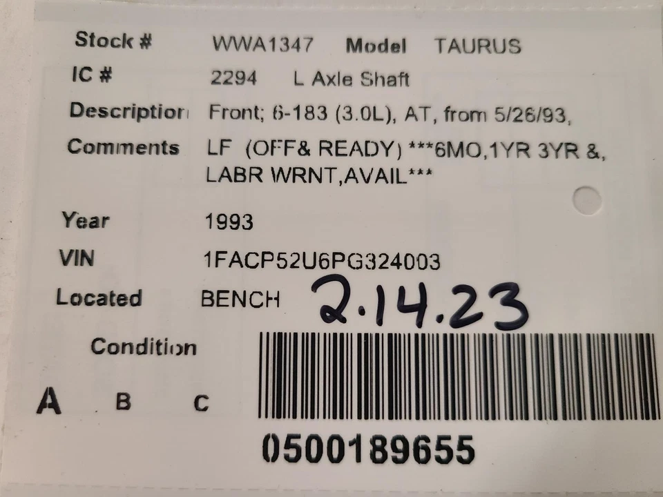 Eje de transmisión delantero izquierdo usado se adapta a: Ford Taurus 1993 delantero 6-183 3,0 L AT desde Foto 4 de 4