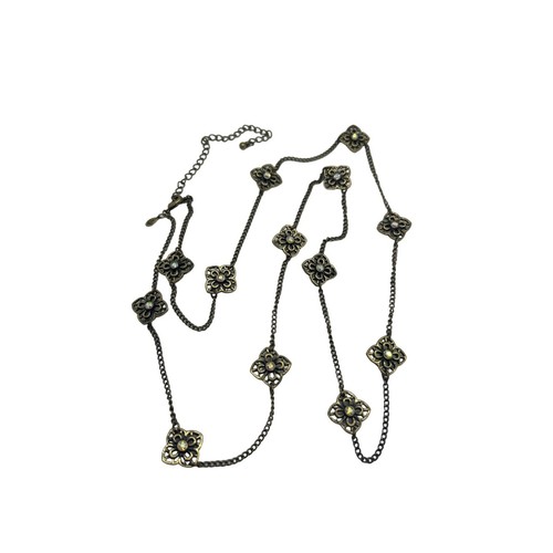 Premier Designs Antique Gold Long Necklace Aurora Borealis Rhinestones Flowers - Picture 3 of 4