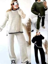 New Women's Knitted Stitched Wide Leg 2PCS Co-ord Suit Sweater Loungewear SetUK