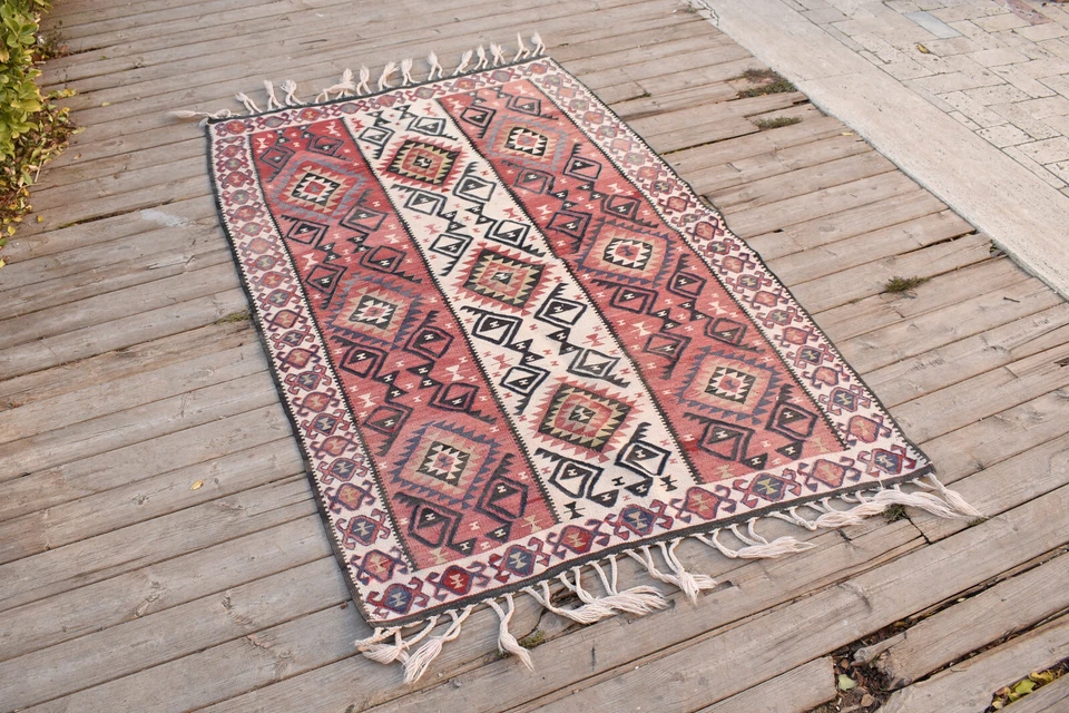 Alfombra turca 42''x63'' tejida a mano Van Kilim 107x162 cm lana alfombra tribal vintage Foto 3 de 4