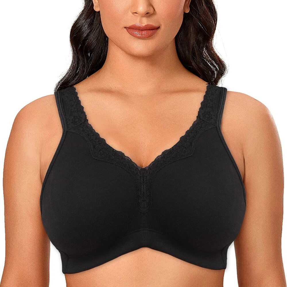 Women's Lace Plus Size Wire-Free Non-padded Soft Cup Comfort Cotton Bra  BCDEFGHI