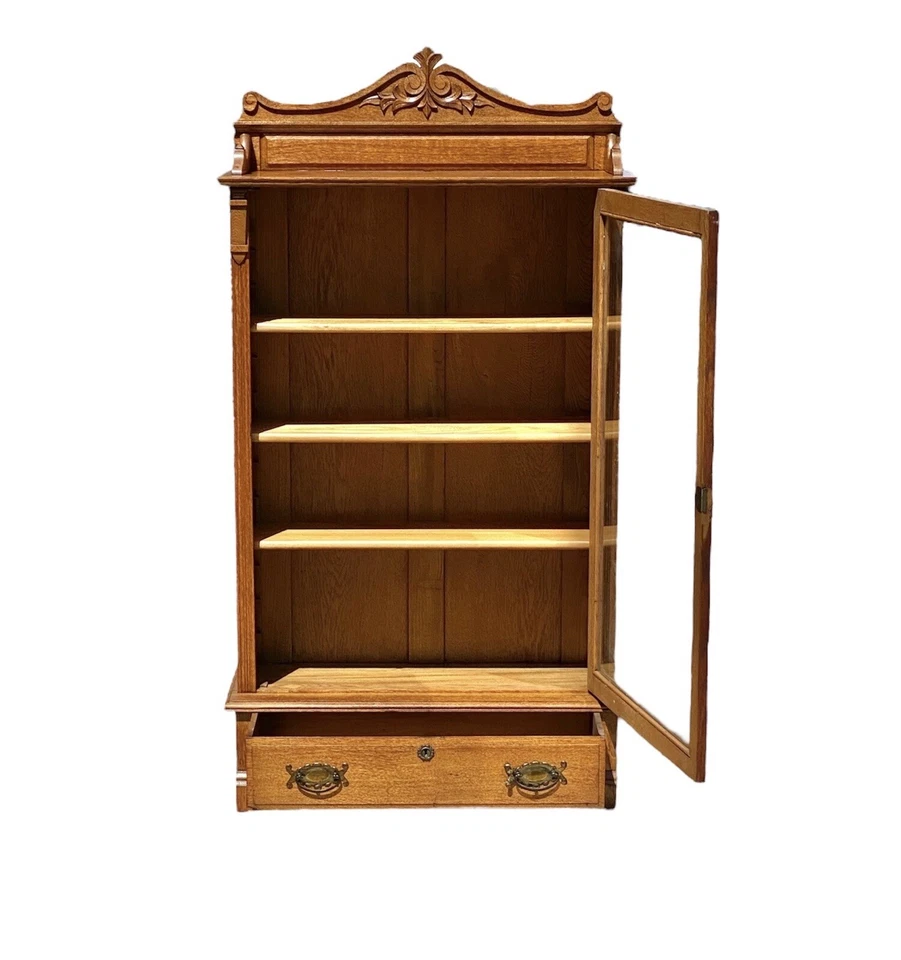ANTIGUA LIBRERÍA VICTORIANA ROBLE TIGRE PUERTA ÚNICA / GABINETE DE PORCELANA CON PUERTA DE VIDRIO Foto 3 de 4