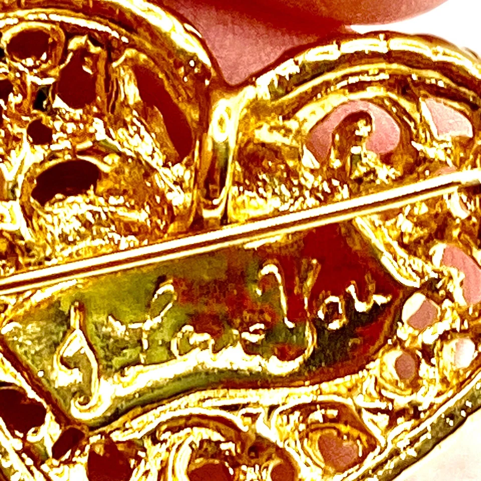 Broche Prendedor Floral Flor Corazón Esmalte Tono Dorado Firmado De Colección “I Love You” V Foto 3 de 4