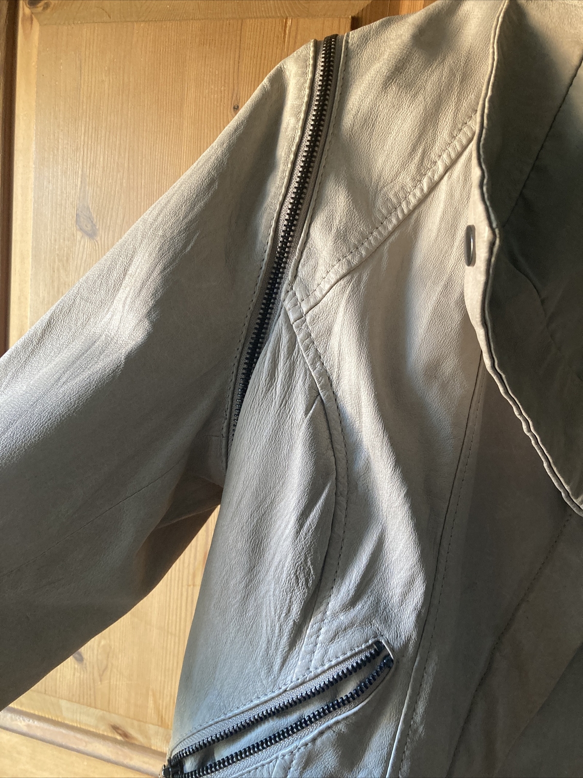 Real Leather Cropped Biker Jacket New Look Beige Size… Gem