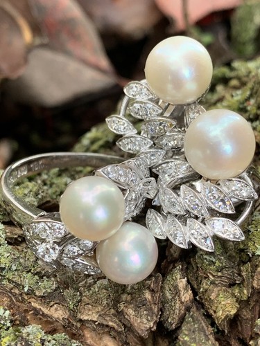 Tiffany & Co 18K Art Deco Diamond Pearl Olive Leaf Garland Earrings Ring SET LOT - Picture 11 of 24