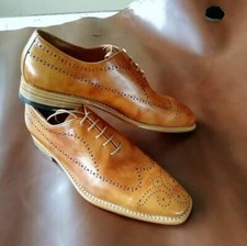 Handmade Men Burnished Beige Wingtip Brogue Lace Up Oxford Dress Leather Shoes
