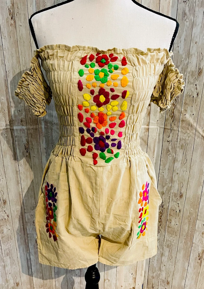 Mexican Embroidered Jumpsuit Handmade Palazzo Mexicano Bordado Artesanal One Sz