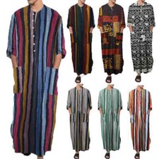 New Islamic Muslim Men's Solid Color Short Sleeve Classic Stripe Print Robe
