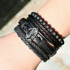 Superman Bead Leather Bangle Cuff Bracelet Chain Multi-Layered Wristband for Men