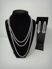 Rhinestone Jewelry Set 60" Necklace and 2" Earrings Silver Tone Prom Bridal