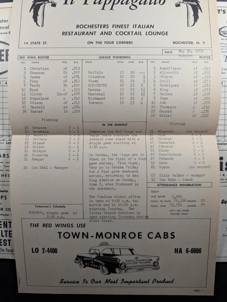 Vintage 1959 Rochester Red Wings Baseball Scorecard - Image 3 of 4