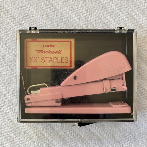 Vintage Markwell SX Pacemaker Stapler - Pink, Rubber Bottom, SX Staples, in Case