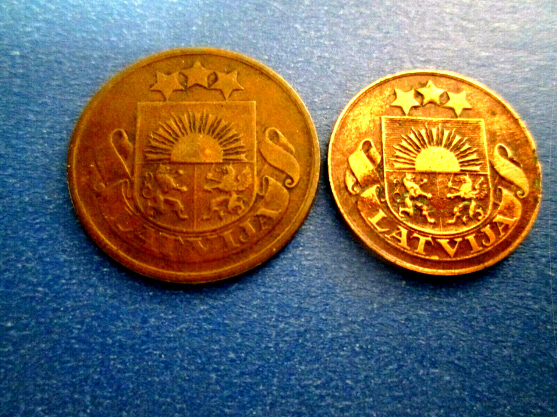 Latvia (X2)  2 Santimi 1922 & 1 Santims 1928 (no mint marks below ribbon---both)
