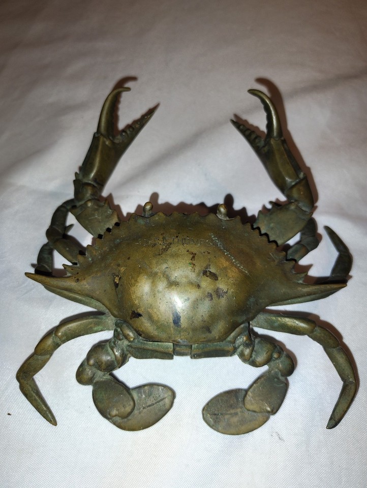 Antique brass blue crab inkwell signed by Dr. D.L. Thompson — a whimsical, museum-quality nautical desk sculpture with real provenance.