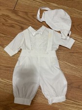 White 3pc Christening Outfit Baby Boy Overalls, Shirt With Bow Tie  Hat 6-9M