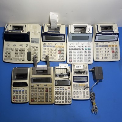 Lot of 8 Printing Calculators Sharp Casio TI + Adapter Parts