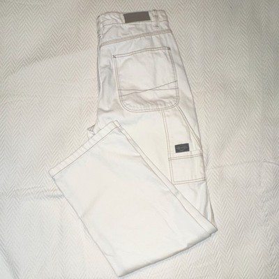 Bershka Women's White Solid Denim Straight Leg Cargo Pants Pockets Button