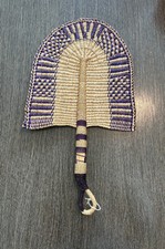 African Art Tribal Colorful Fan Hand Woven Vintage BasketWeave with Purple Trim