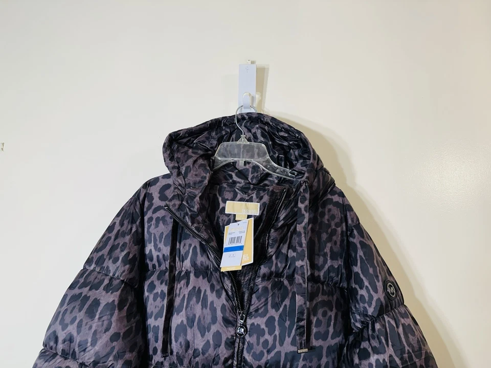Michael Kors hooded quilted puffer jacket leopard print charcoal brown NWT sz XL - Image 2 of 4