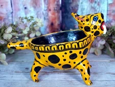 Jaguar Leopard Fun Coconut Bowl Handmade Hand Painted Guerrero Mexican Folk Art