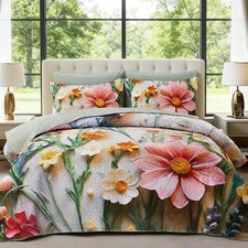 Boho Floral Quilt Set King Size, 3 Piece Lightweight Summer Bedding Set with 2