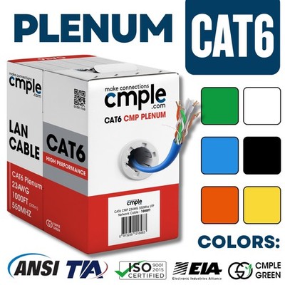 Cat6 Plenum Cable 1000ft CMP 23AWG Solid UTP 550MHz Bulk Ethernet Pull Box