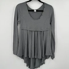 Venus Gray Ribbed Long Sleeve High Low Babydoll Tunic Top S
