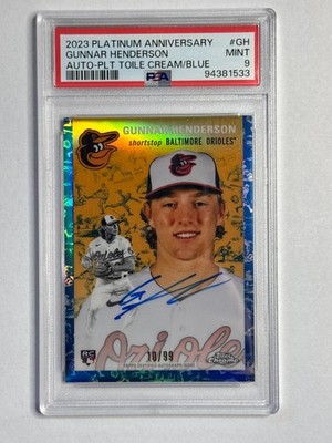 2023 Topps Platinum Gunnar Henderson /99 AUTO Toile Cream Blue Refractor PSA 9