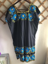 Mexican Embroidered Dress Blue Black Colorful Floral Design Boho Peasant Dude Xl