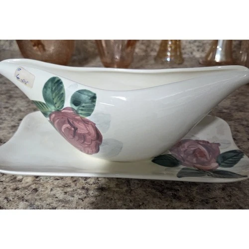 Vintage Red Wing Pottery Lexington Rose Gravy/Sauce Boat Attached Underplate