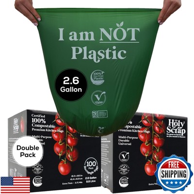 HOLY SCRAP! Small Compostable Trash Bags - 2.6 Gallon, 200 Pack, 100% Plastic