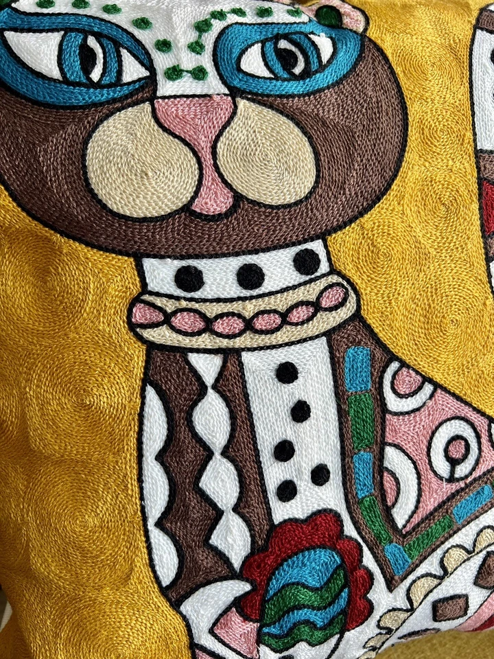 Laurel Burch Inspired Abstract Cat Embroidered Throw Pillow Cover 18x18 - Image 2 of 4