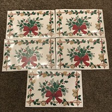 5 Vntg Christmas Vinyl Placemats Red Holly Berry Pinecones 17 3/4 X 11 3/4 W9