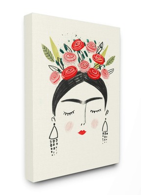 Frida's Dreams Bright Black Red and Pink Floral Illustration Canvas Wall Art,...